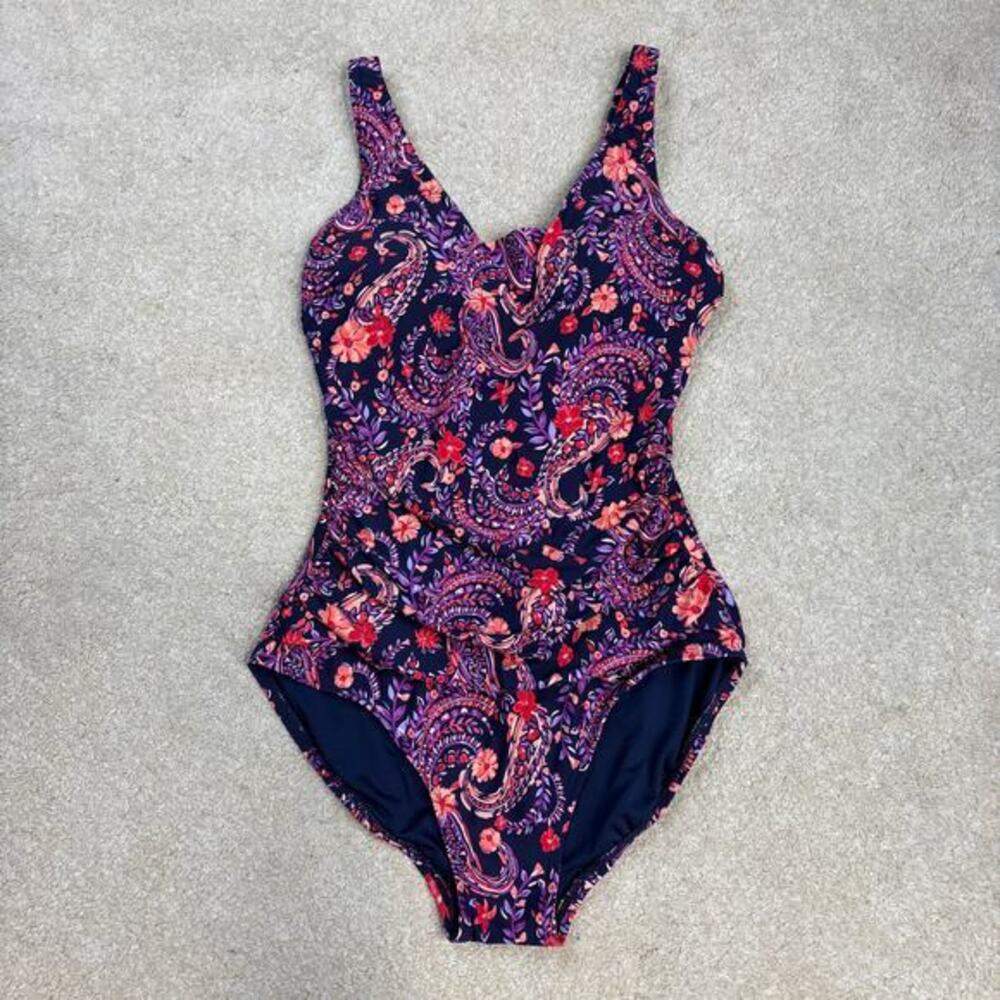 NWT Lands' End Grecian One-Piece Slendersuit Swimsuit Purple Paisley Size S
